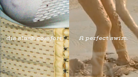 Close up of digital artwork with words 'dis slash comfort' and 'a perfect swim' in white